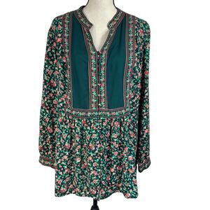 Woman Within SZ 1X-Large (22/24) Top Floral V-Neck Button-Up Long Sleeve Peasant